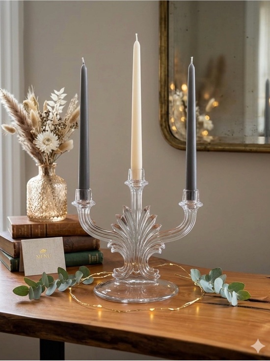 The Unbranded Brand Other - Vintage Clear Triple Light Candlestick Elegant Glass Candelabra
